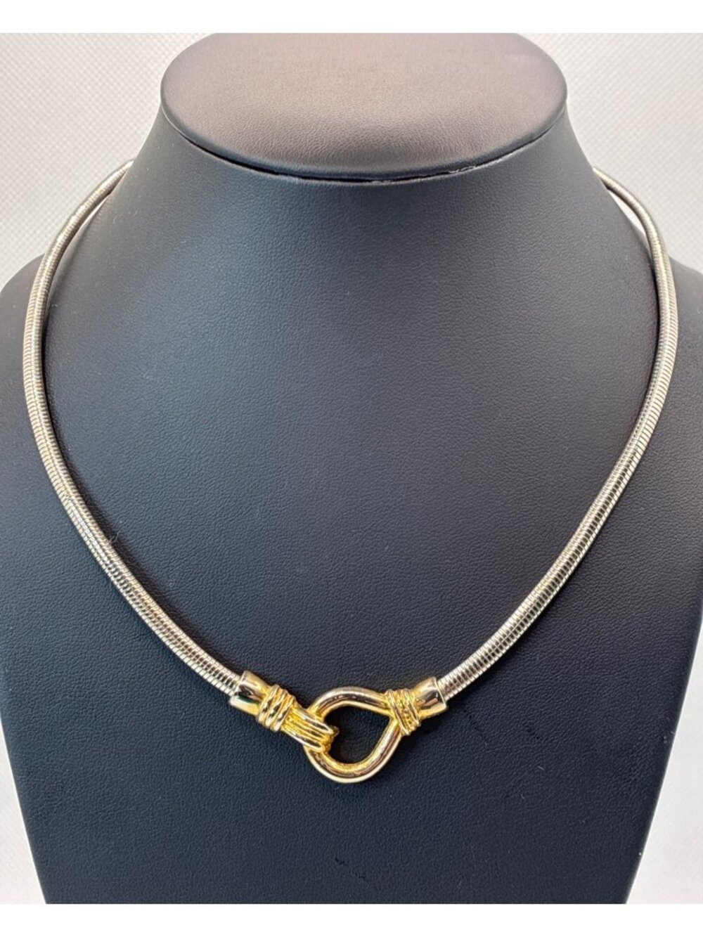 Vtg Silver Tone Snake Necklace with Gold Tone Buckle Design Hinged Closure 17"